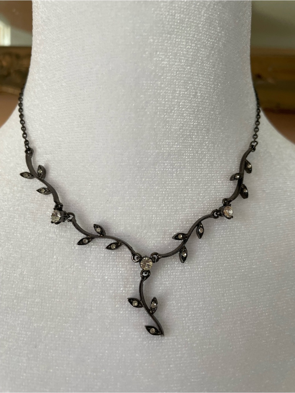Delicate Black Vine Y Necklace with Clear Crystals  Elegant Victorian Inspired